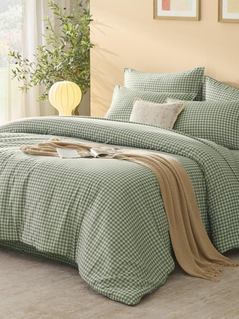 Queen Comforter Set 7 Pieces Sage Green Gingham